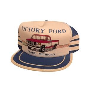 Vintage 80s Victory Ford F150 Pickup Trucker Hat Snapback Cap Blue White Mesh